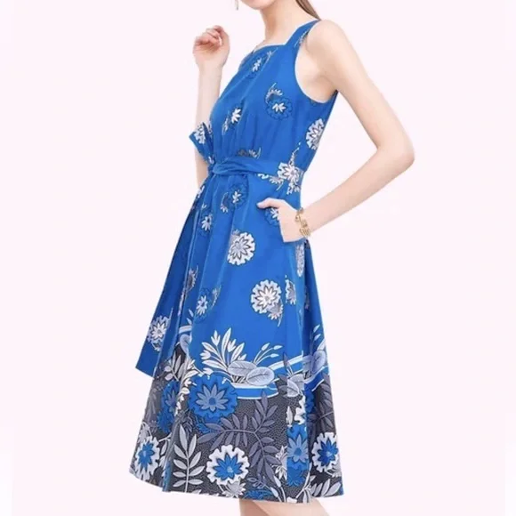 Ann Taylor | Dresses | Ann Taylor Blue Floral Tie Front Cotton Poplin A  Line Midi Dress Womens 4